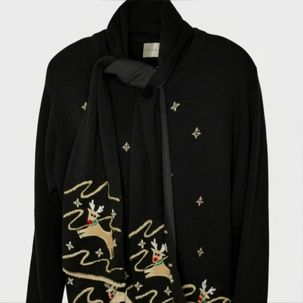 Vintage Lemon Grass "Rudolph" reindeer Cardigan Small Black Detach Scarf - Picture 13 of 16
